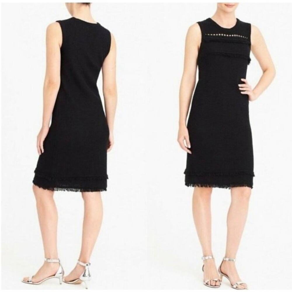 J.Crew Sweater Dress WMNS M Black Solid Sleeveless Fringe Shift Cotton 60s Mod